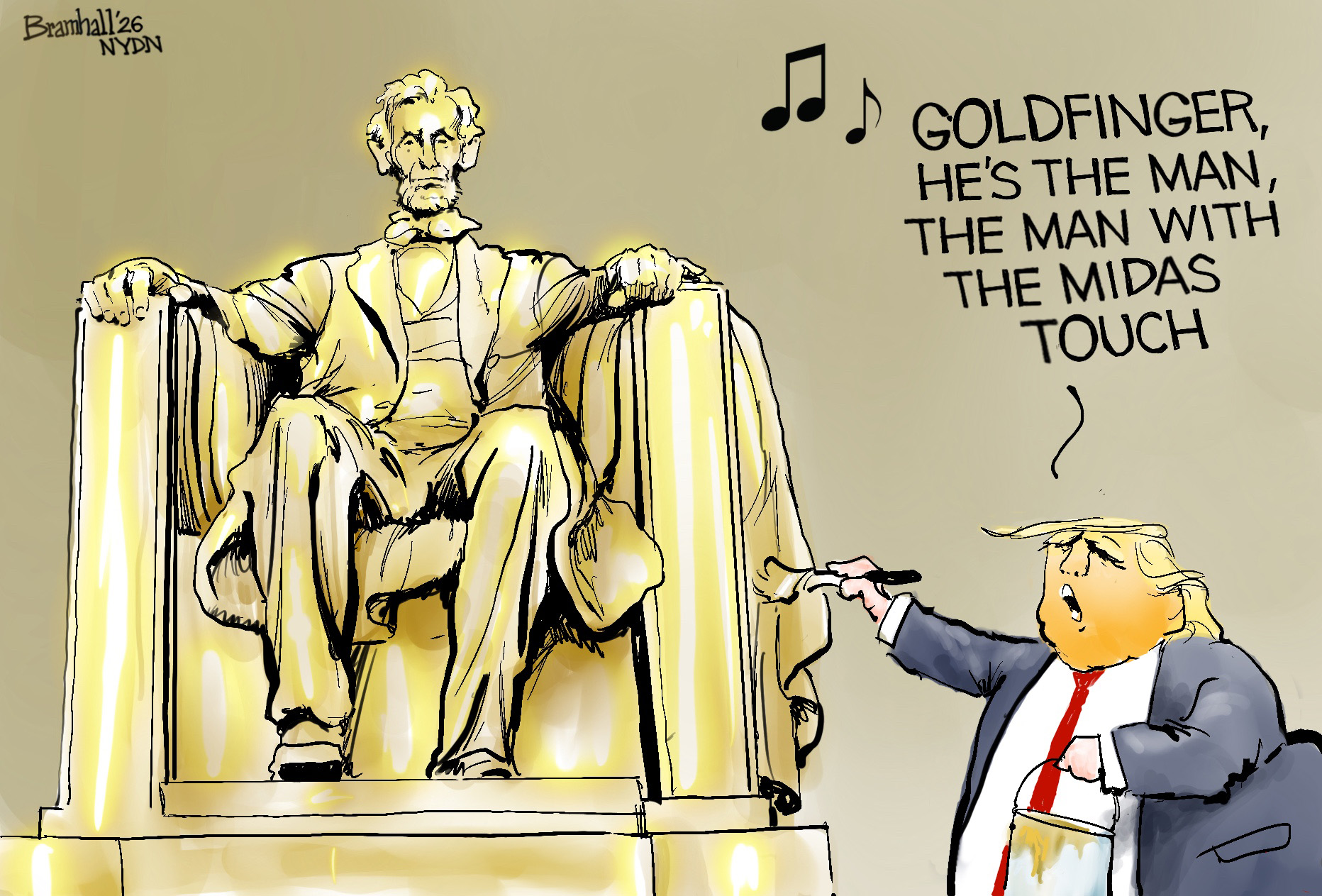 Donald Trump covers the Lincoln Memorial statue of Abraham Lincoln in gold paint as he sings, &amp;ldquo;Goldfinger, he&amp;rsquo;s the man, the man with the Midas touch.&amp;rdquo;