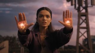 Rachel Zegler holding out hands with magic on them in Shazam! Fury of the Gods