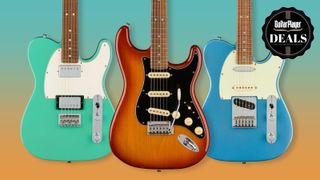 Three Fender guitars on a blue gradient background