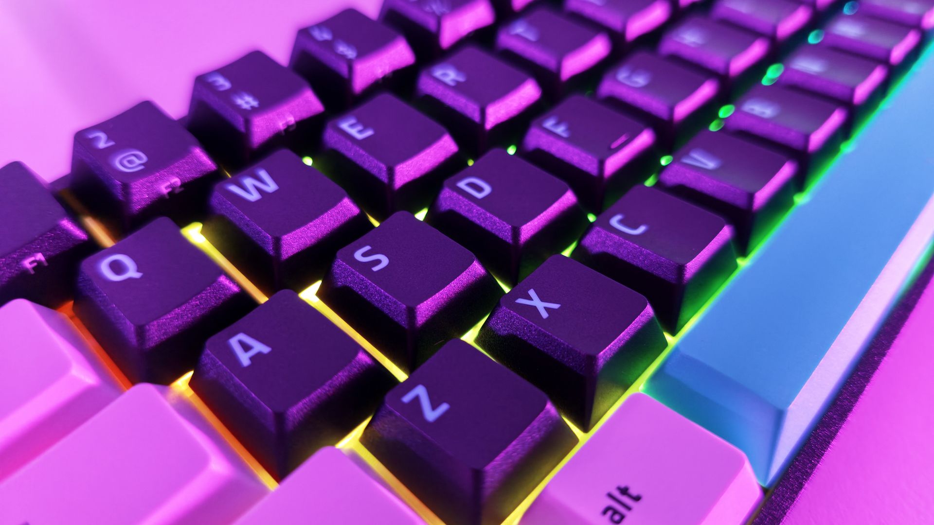 Extreme close-up of textured black keycaps on the Razer Reclusa X Mini 65% with bright RGB backlighting underneath.