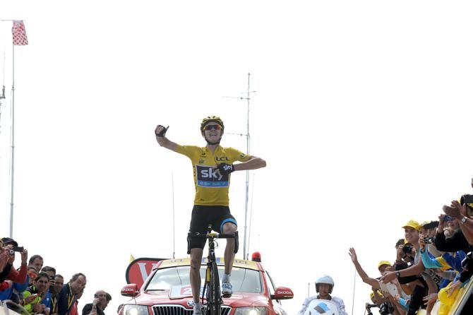 Christopher Froome (Sky) comes across the summit of the Mont Ventoux