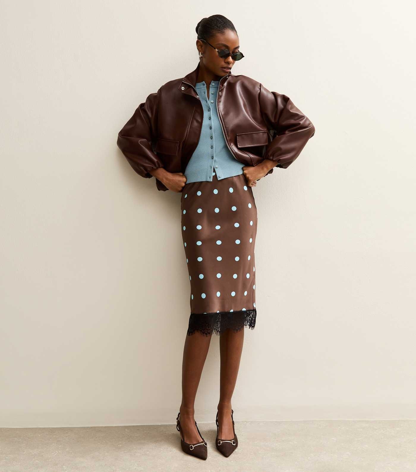 Brown Satin Polka Dot Lace Hem Midi Skirt