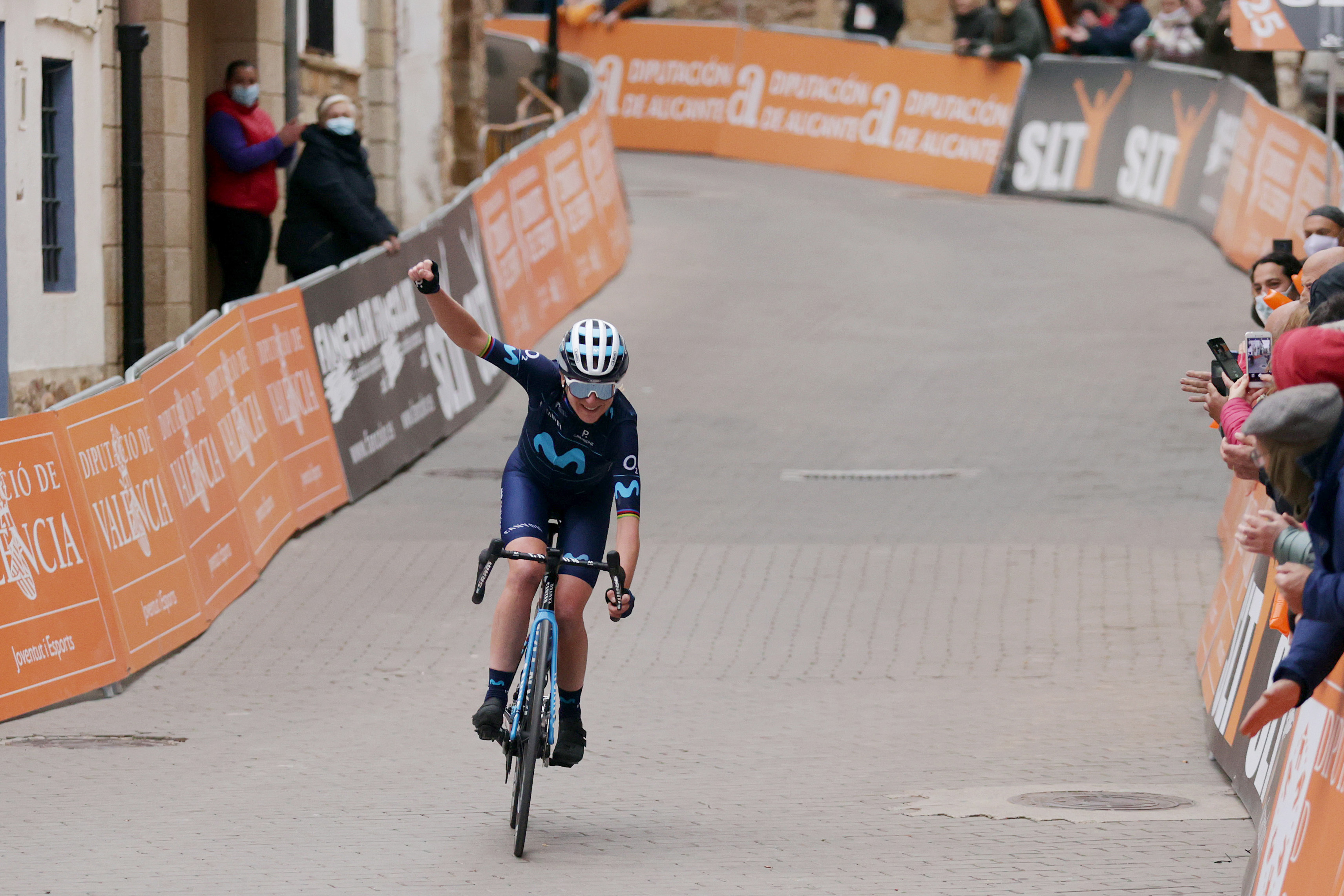 VISTABELLA DEL MAESTRAT SPAIN FEBRUARY 19 Annemiek Van Vleuten of Netherlands and Movistar Team celebrates winning during the 6th Setmana Ciclista Valenciana Vuelta Comunidad Valenciana Feminas 2022 Stage 3 a 135km from VilaReal to Vistabella del Maestrat 1245m VoltaCVFemines22 on February 19 2022 in Vistabella del Maestrat Spain Photo by Gonzalo Arroyo MorenoGetty Images