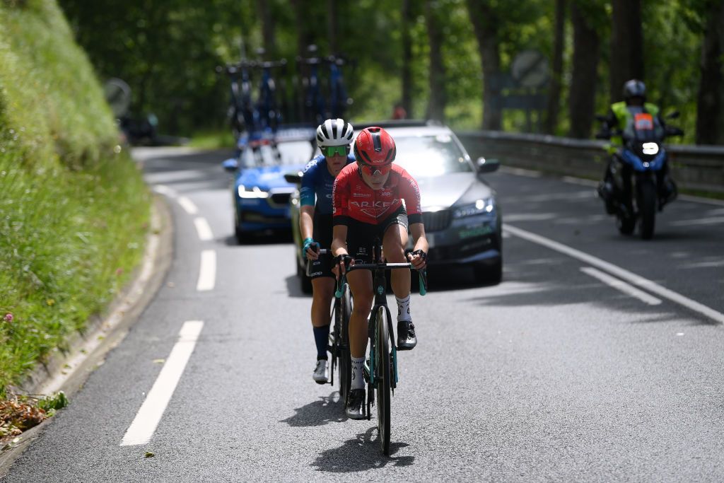 ELGOIBAR SPAIN MAY 10 LR Stine Dale of Norway and Team CoopRepsol and Valentina Cavallar of Austria and Team Arkea BB Hotels Women compete in the breakaway during the 3rd Itzulia Women 2024 Stage 1 a 140km stage from VitoriaGasteiz to Elgoibar UCIWWT on May 10 2024 in Elgoibar Spain Photo by Alex BroadwayGetty Images