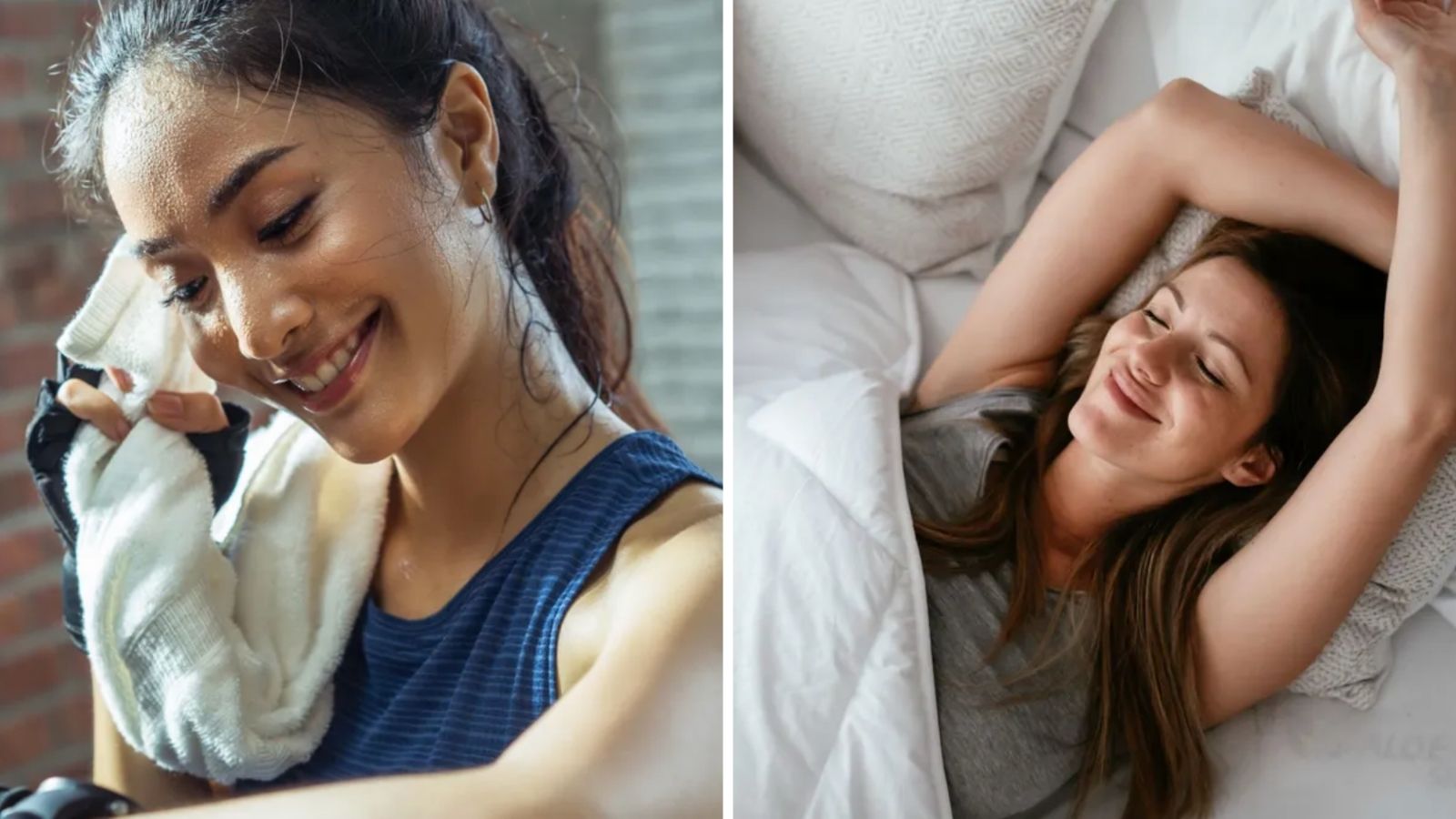 A woman with dark wearing a blue tank top wiping sweat off face after workout (left). A woman in bed with white sheets smiling and stretching arms above head (right). 