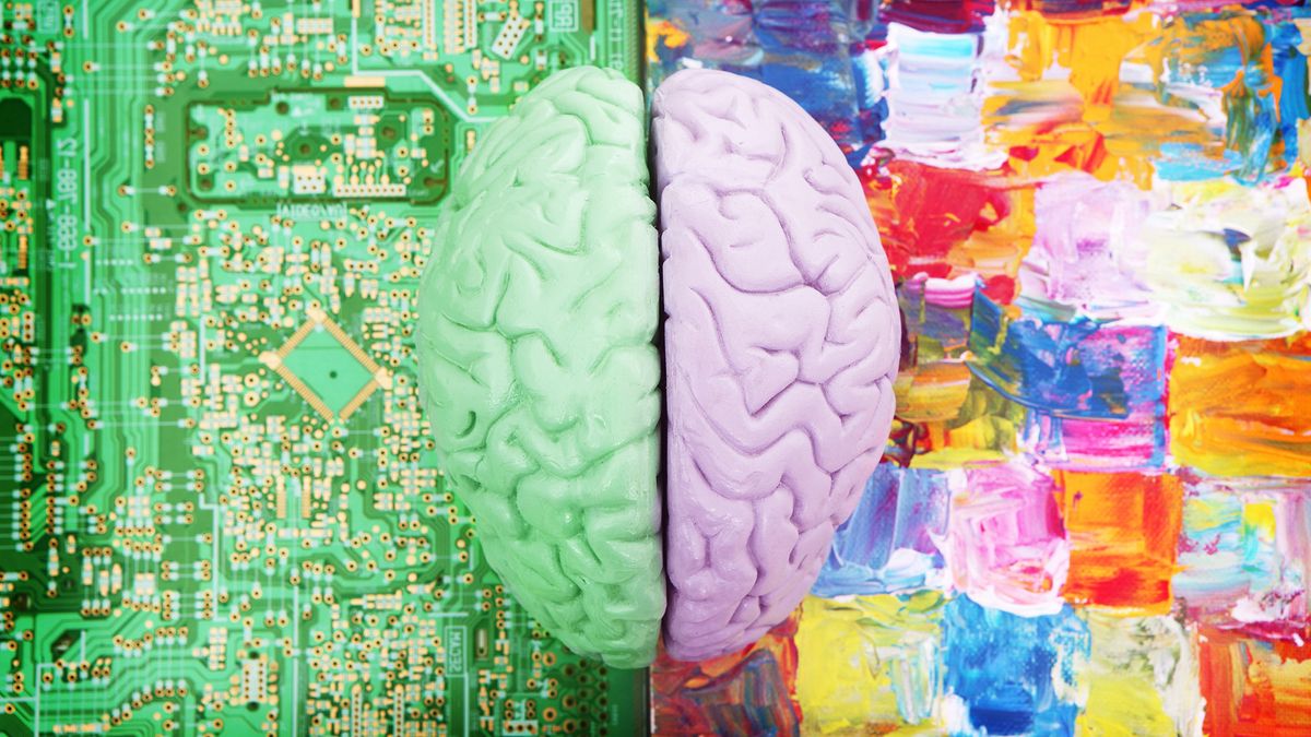 Two halves of a brain, one coloured green on a circuit board, the other coloured light purple on an abstract painting