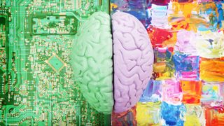 Two halves of a brain, one coloured green on a circuit board, the other coloured light purple on an abstract painting
