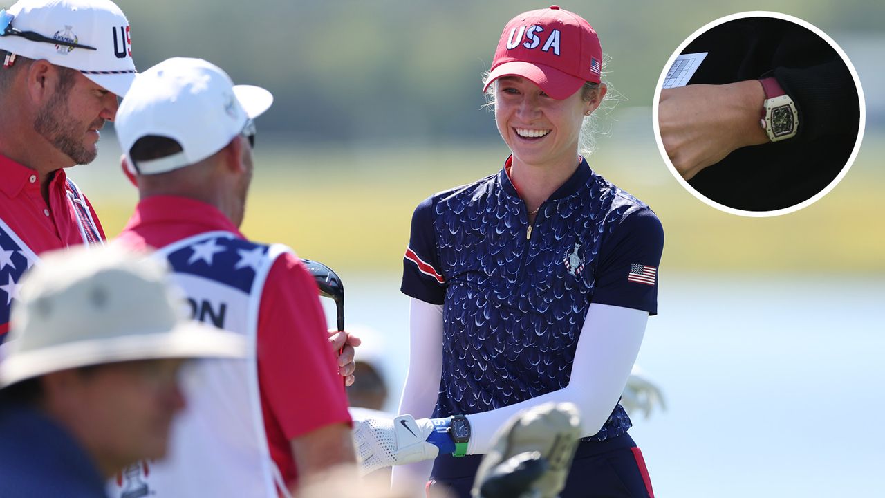 Nelly Korda chats to her caddie during the Solheim Cup