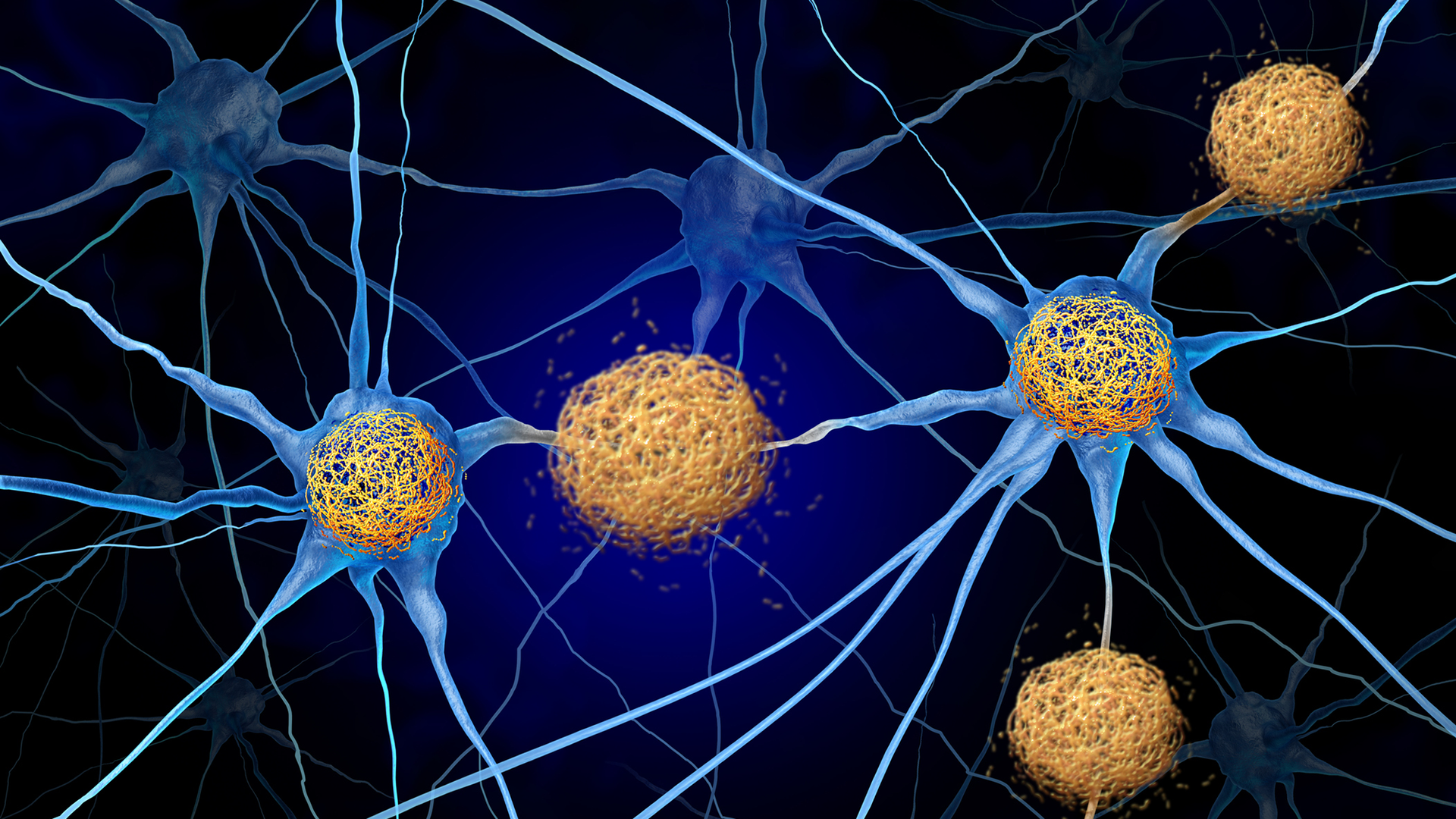 An illustration of various gold spheres connected by blue filaments against a blue background