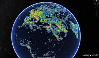 Light pollution shown for Europe, Africa, the Middle East and India using data from the newly released world atlas of artificial night-sky brightness.
