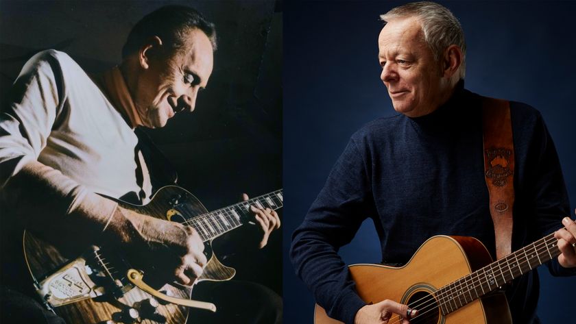 LEFT: Portrait of Les Paul, Fat Tuesday, New York, N.Y., ca. 1980s. (Colorised black and white print). Creator: William Paul Gottlieb. RIGHT: Tommy Emmanuel