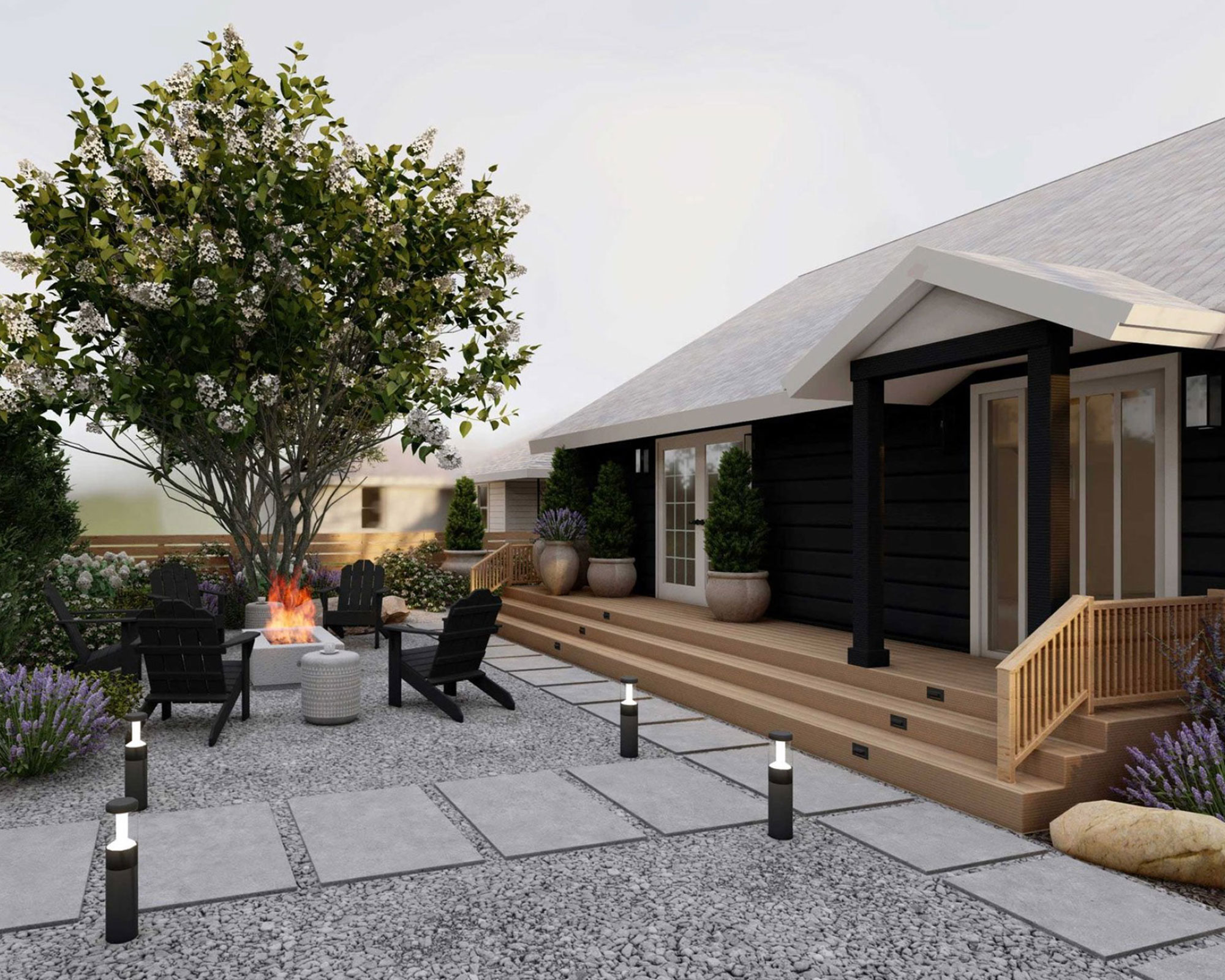 front yard patio with gravel and stone landscaping and planting including an ornamental tree, porch and steps to house