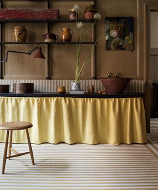 yellow curtains in wood kitchen
