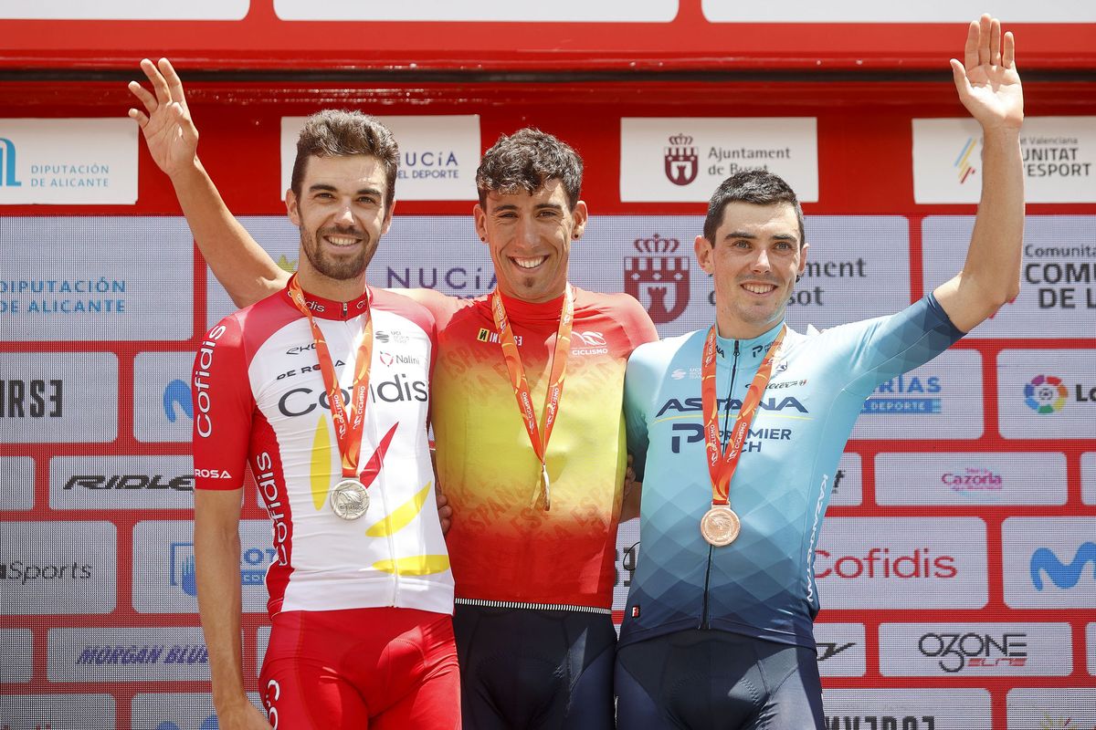 New Spanish champion Omar Fraile on the podium with Jesus Herrada and Alex Aranburu