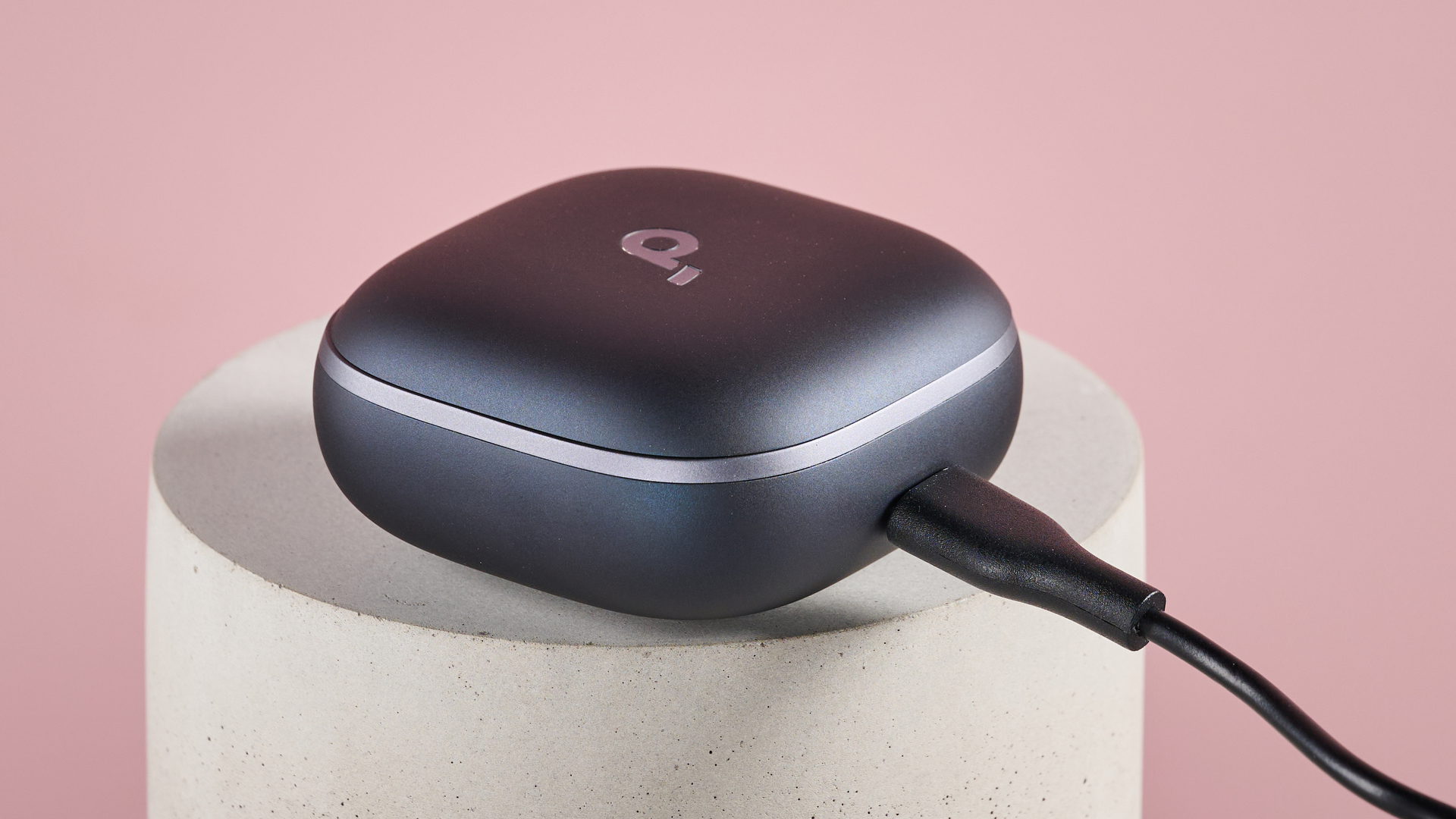 Anker Soundcore Liberty 5 charging case connected to USB-C cable