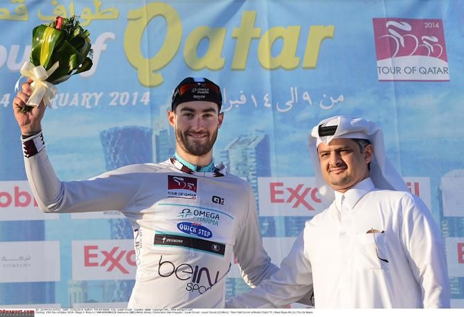 Guillaume Van Keirsbulck on the podium in the white jersey