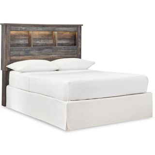 A brown engineered wood headboard with weathered effect installed against a white bed frame with white mattress and two white pillows