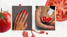 On the left is a picture of a hand with short tomato-red nails by nail artist Mateja Novakovic (@matejanova), followed by a picture of a hand with tomato-red square nails by manicurist Julia Diogo (@paintedbyjools) in a grey template with tomato stock images and a red nail polish spill.