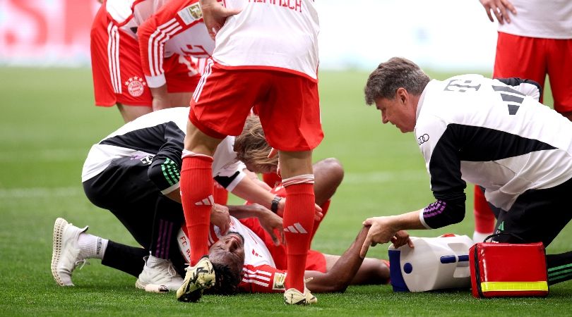 Kingsley Coman receives treatment after suffering an injury in Bayern Munich&#039;s Bundesliga game against FC Cologne in April 2024.