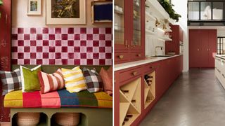 a red colourful kitchen with red and pink check wall tiles behind a seating area