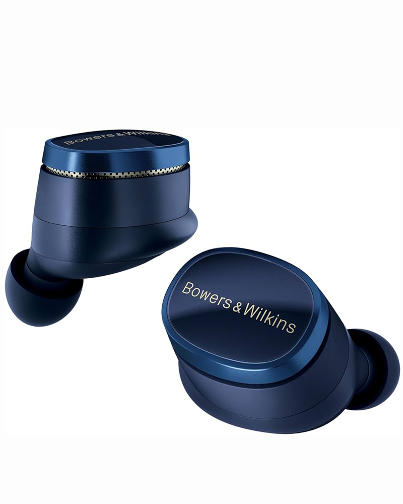 Bowers & Wilkins Pi8 earbuds in blue on white background.