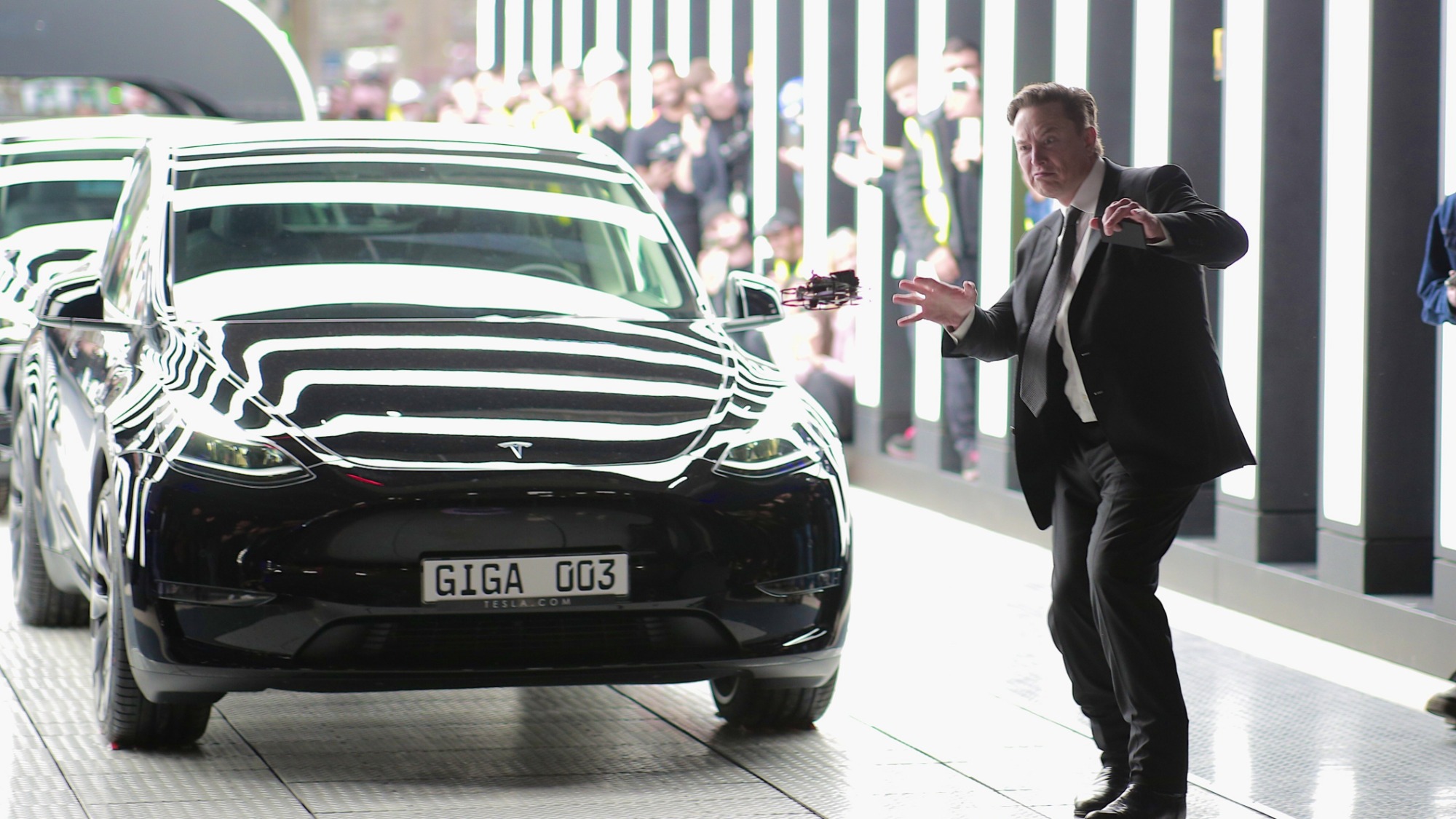 Tesla CEO Elon Musk attends the official opening of the new Tesla electric car manufacturing plant on March 22, 2022 near Gruenheide, Germany