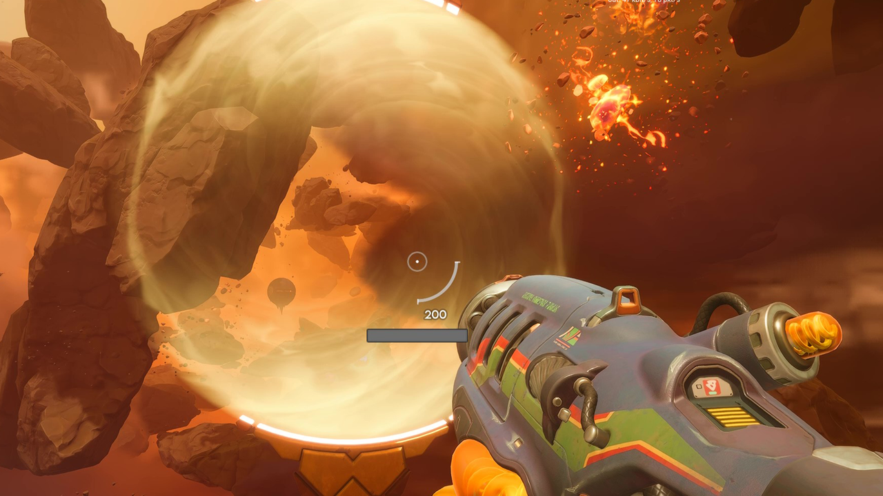 A promotional screenshot of Wildgate. A hazy orange scene with a player character aiming their weapon toward a bright circle in the distance.