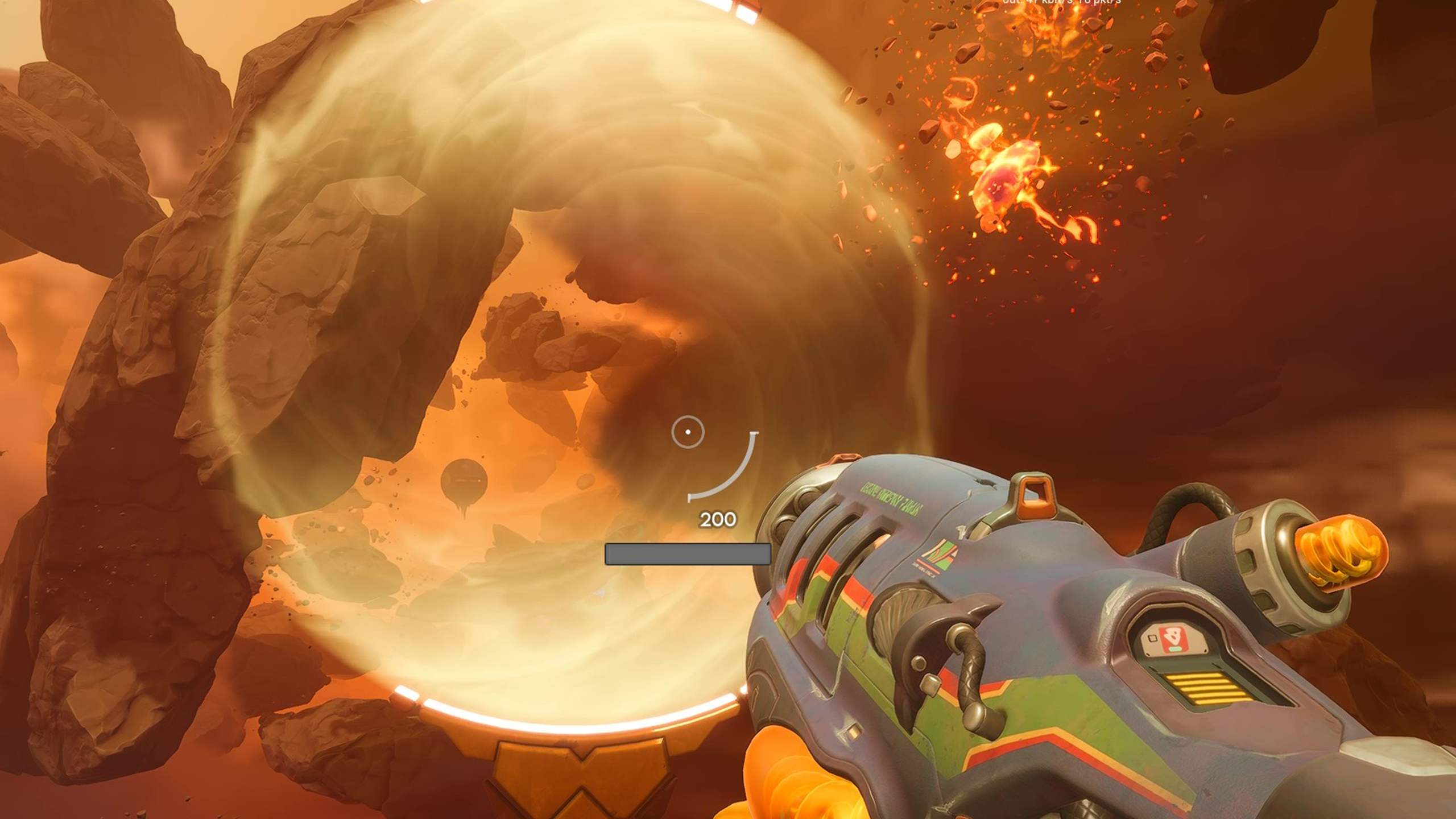 A promotional screenshot of Wildgate. A hazy orange scene with a player character aiming their weapon toward a bright circle in the distance.