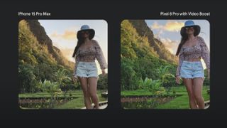 Two stills of a woman walking outside next to a mountain