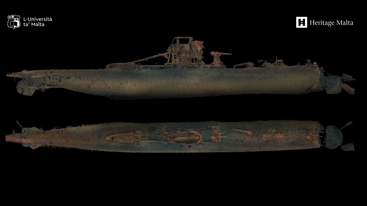 The 3D photogrammetric scan of the wrecked submarine matches the dimensions of HMS Urge and shows where the bow of the vessel broke off as it plunged into the seafloor.
