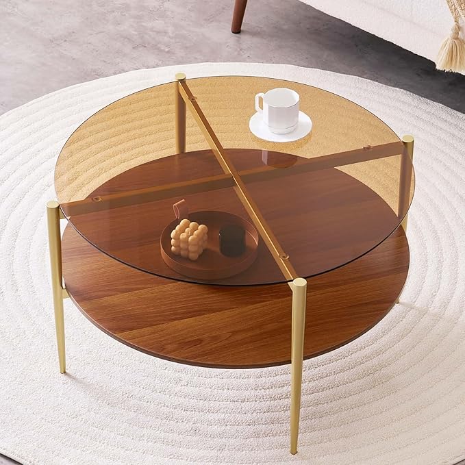 LumFurn, Lumfurn Round Coffee Table, Mid-Century Modern Design, D30 X H17, for Living Room, 2-Tier Structure, Amber Glass Top and Walnut Mdf Shelf, Sleek Conical Metal Legs With Gold Finish