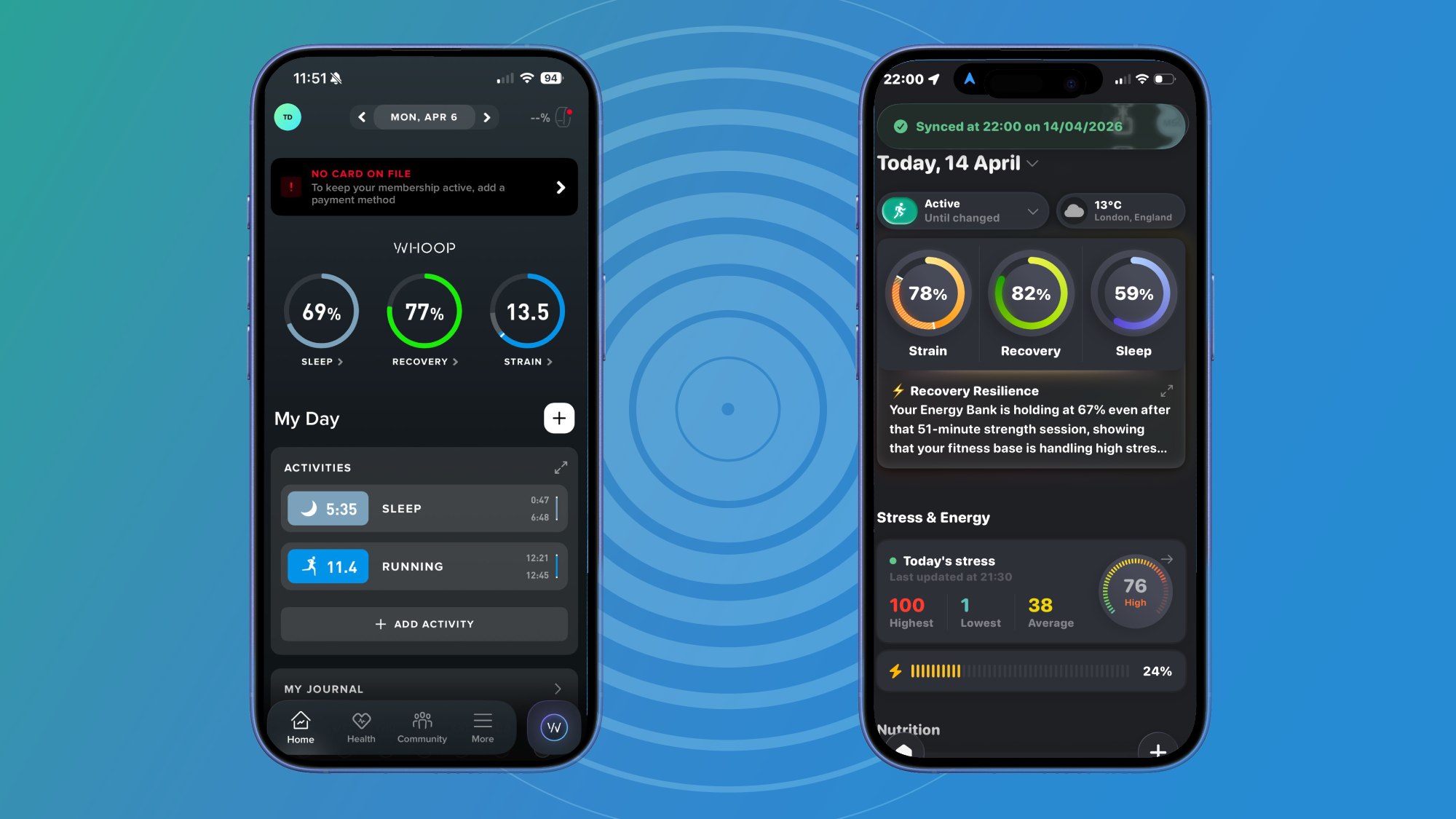 Bevel app and Whoop app open in iPhone vectors side by side