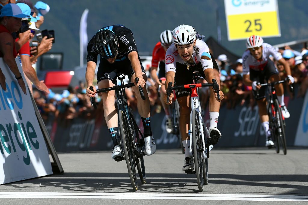 MOOSALP SWITZERLAND JUNE 17 LR Stage winner Nico Denz of Germany and Team DSM and Clment Champoussin of France and AG2R Citren Team sprint at finish line during the 85th Tour de Suisse 2022 Stage 6 a 1775km stage from Locarno to Moosalp 2048m ourdesuisse2022 WorldTour on June 17 2022 in Moosalp Switzerland Photo by Tim de WaeleGetty Images