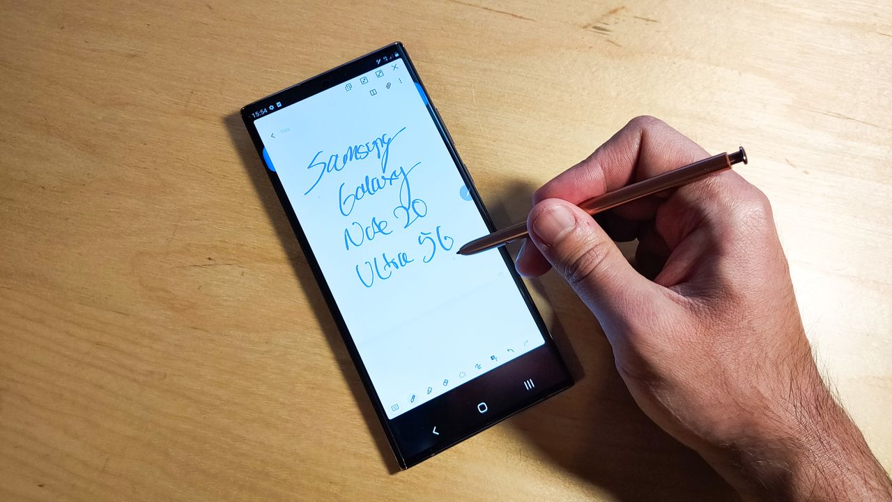 Samsung Galaxy Note 20 Ultra 5G written by the S Pen on the phone