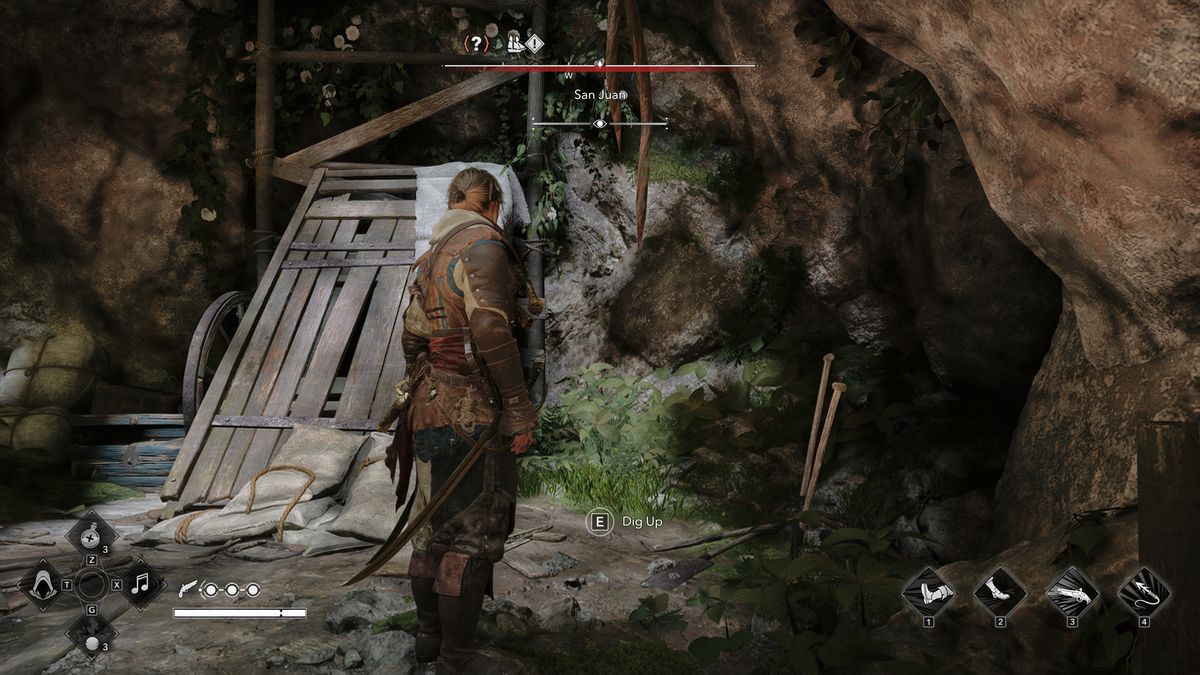 Black Flag treasure maps: Edward standing next to a cart inside a cave.