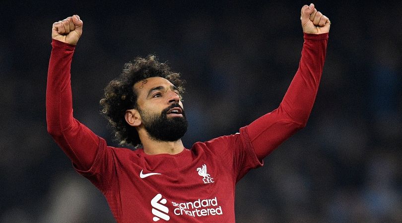 Liverpool&#039;s Mohamed Salah celebrates a goal against Manchester City in the League Cup in December 2022.