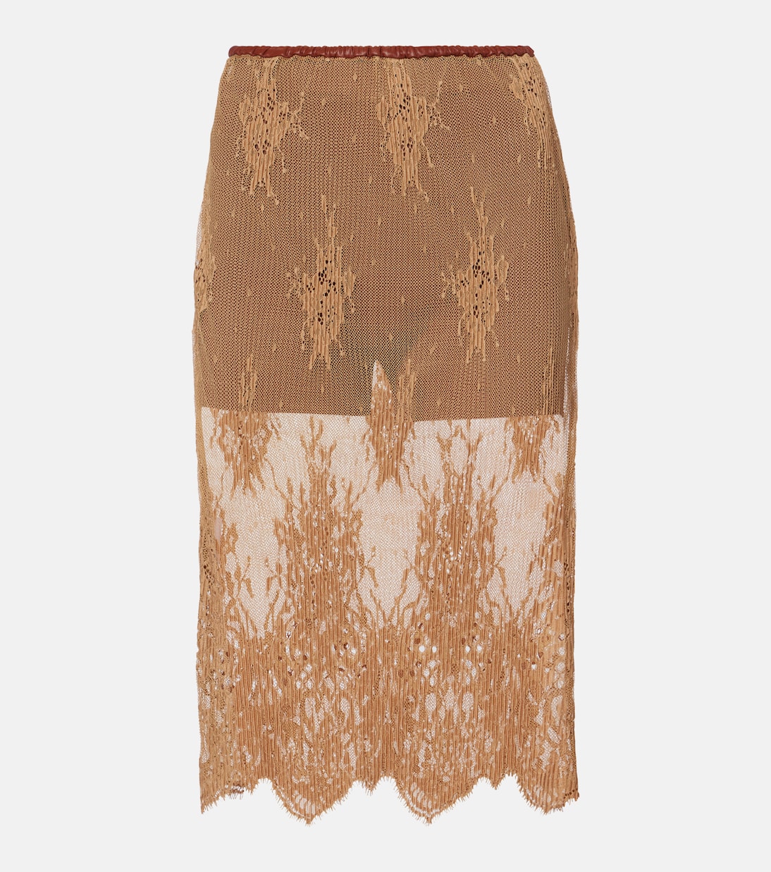 Layered Leather-Trimmed Lace Midi Skirt in Brown - Jacques Wei