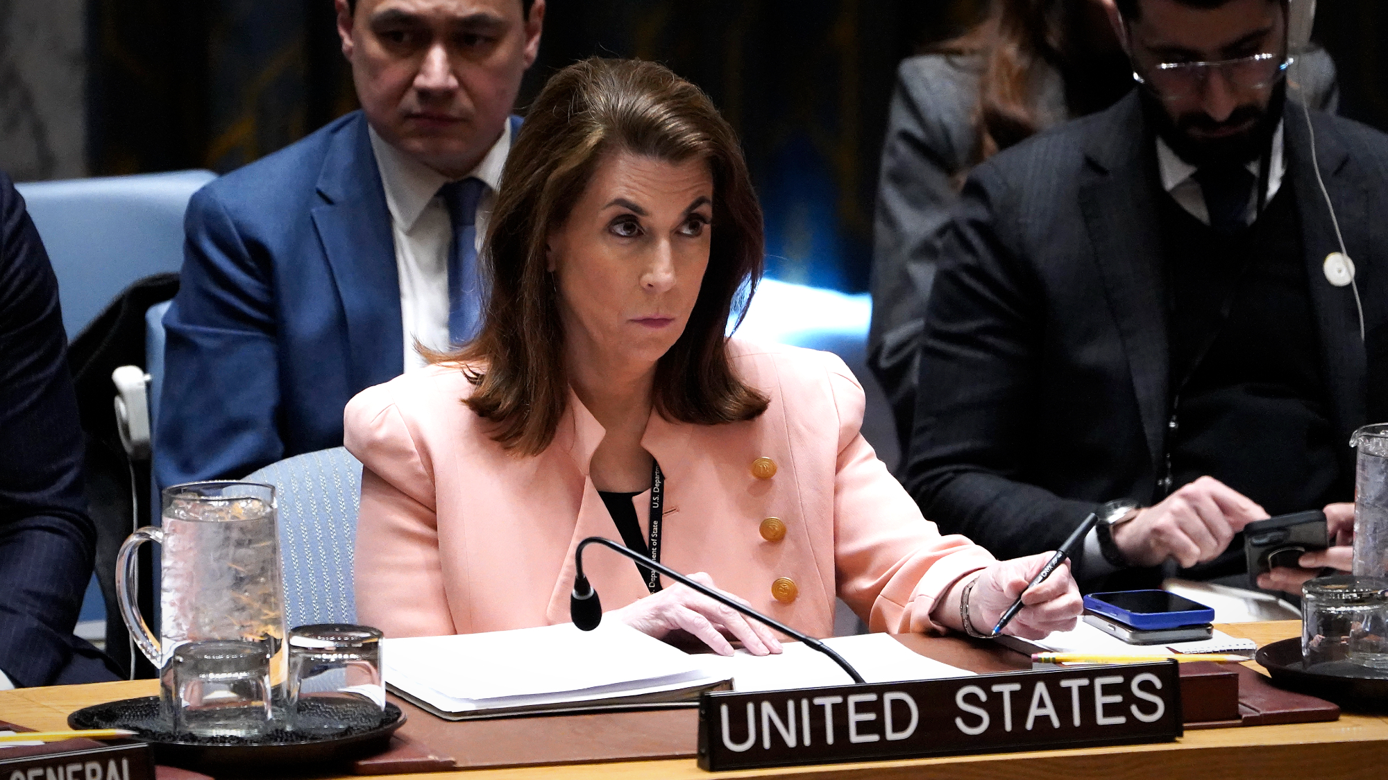 U.S. United Nations representative Tammy Bruce listens during Security Council meeting