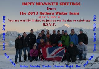 Rothera base midwinter celebration invitation.