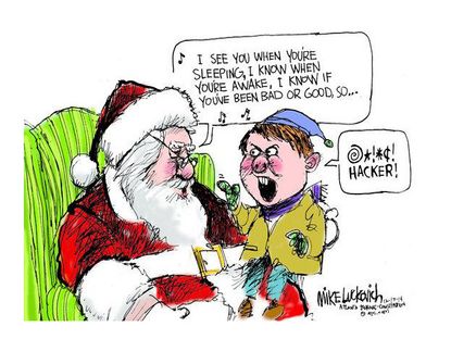Editorial cartoon Santa surveillance cyberattack