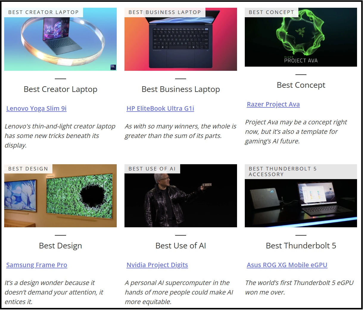 A screen shot showing a portion of the Laptop Laurels awards for the best products from CES 2025.