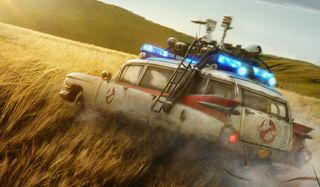 Ghostbusters Afterlife the Ectomobile zooms through a wheat field