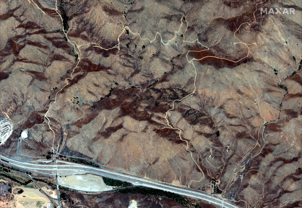 A view from DigitalGlobe satellites of Walker Canyon in California in August 2018, a year before a colorful superbloom of flowers.