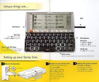 A page from the Psion 5mx manual shows some of the features and functionality of the device. [Capture by Barry Gerber]
