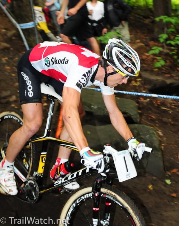 Nino Schurter (Switzerlan) chases Jaroslav Kulhavy (Czech) on the start loop