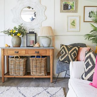 interior of summerhouse with wooden console table