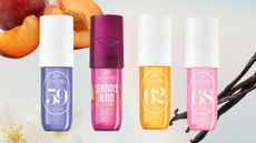 Collage of Sol de Janeiro's Cheirosa 59, Sundays in Rio, Cheirosa 62 and Cheirosa 68 on a pastel watercolour background with images of plums, vanilla and flowers