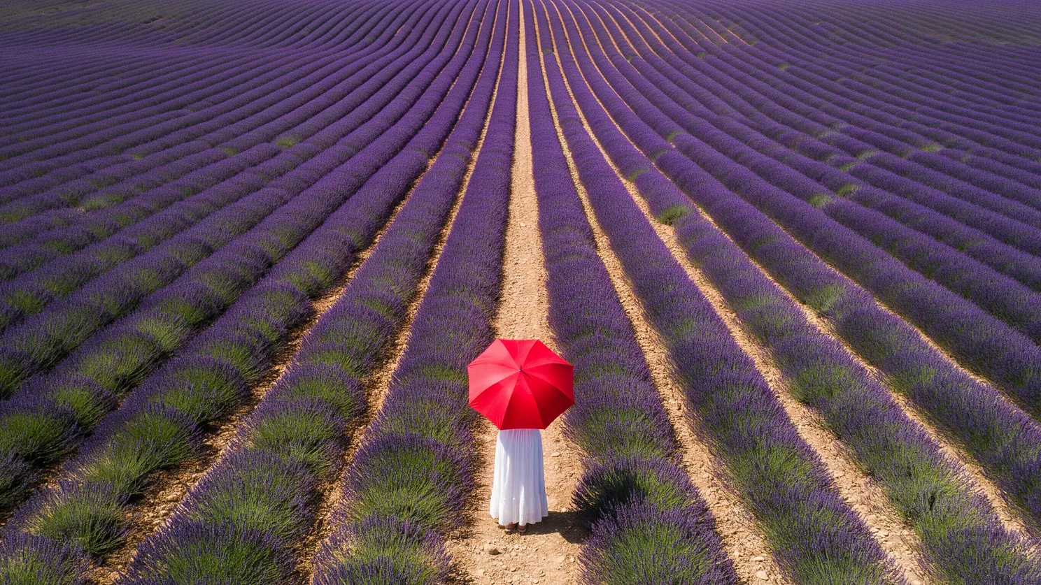 A sample graphic generated by Google Imagen 4 of a person holding a red umbrella among rows of lavander