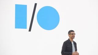 Sundar Pichai on stage at Google I/O 2022