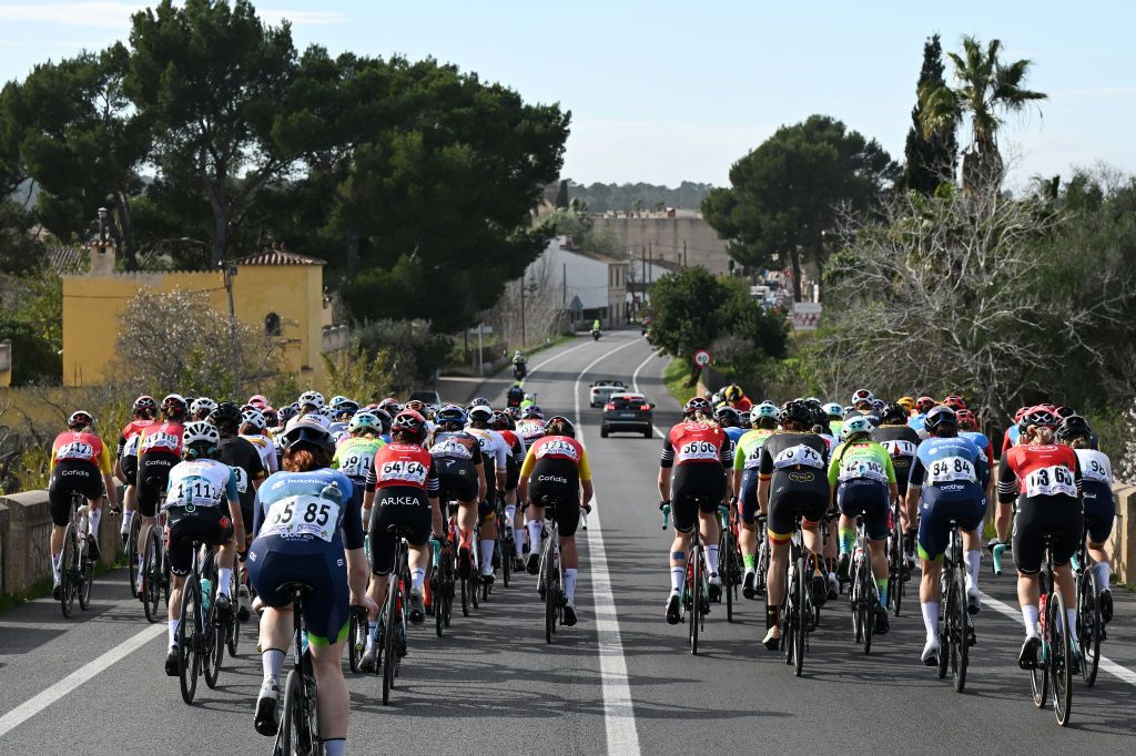 BINISSALEM SPAIN JANUARY 27 A general view of the peloton competing during the 2nd Challenge Femenino Ciclista Mallorca 2025 Trofeo Binissalem Puerto de Andratx a 1075km One day race from Binissalem to Port dAndratx 168m on January 27 2025 in Binissalem Spain Photo by Tim de WaeleGetty Images